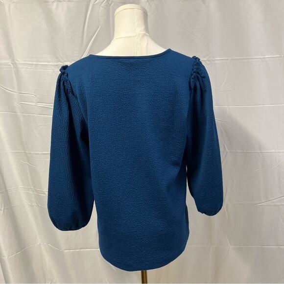 Ann Taylor Puff Sleeve Textured 3/4 Sleeve Blouse Blue Womens small spring - Picture 9 of 14